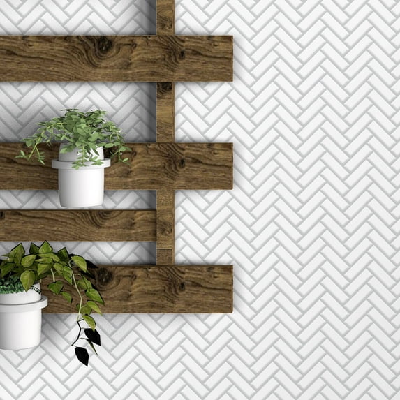 Walplus Peel and Stick Backsplash White Herringbone 3D Tile Decals 16 Sheets 11" x 8"