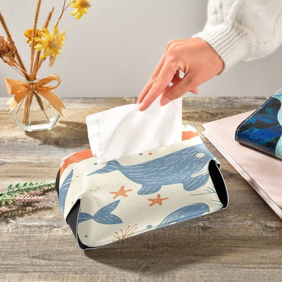 Walrus Fishes and Sea Stars Leather Tissue Box Cover Rectangle Tissue Holder Foldable