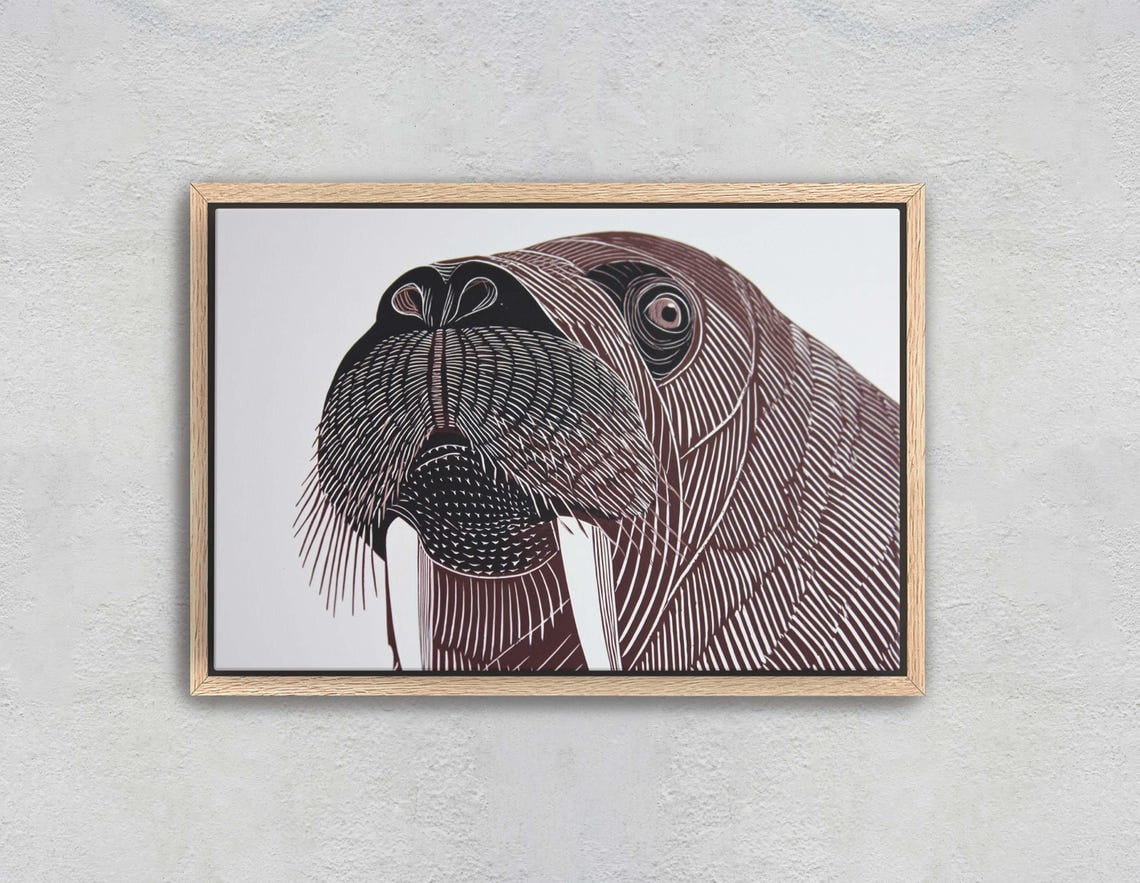 Printable Sign Photo Walrus Wall Art Print, Brown Linocut Inspired Coastal Animal ...