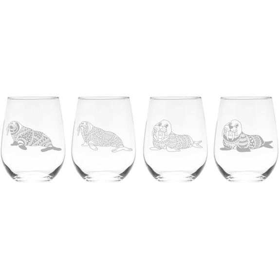 C&M Personal Gifts 17 oz Walrus Themed Stemless Wine Glasses Set of 4