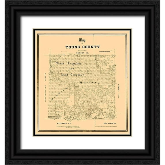 Walsh 12x13 Black Ornate Wood Framed with Double Matting Museum Art Print Titled - Young County Texas - Walsh 1889