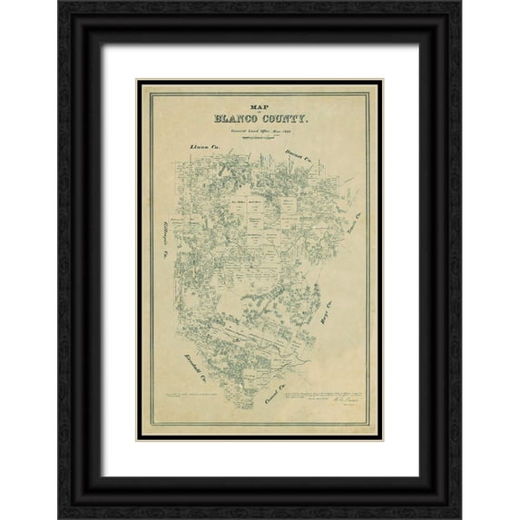 Walsh 23x32 Black Ornate Wood Framed with Double Matting Museum Art Print Titled - Blanco County Texas - Walsh 1880
