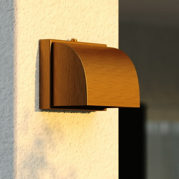 Walsh 4.75 in. H 1-Light Warm Brass Dusk to Dawn Modern Contemporary Outdoor Wall Sconce with Metal Shade, LED Compatible, Dark Sky Compliant, Use for Exterior Porch Patio Front Door or Garage