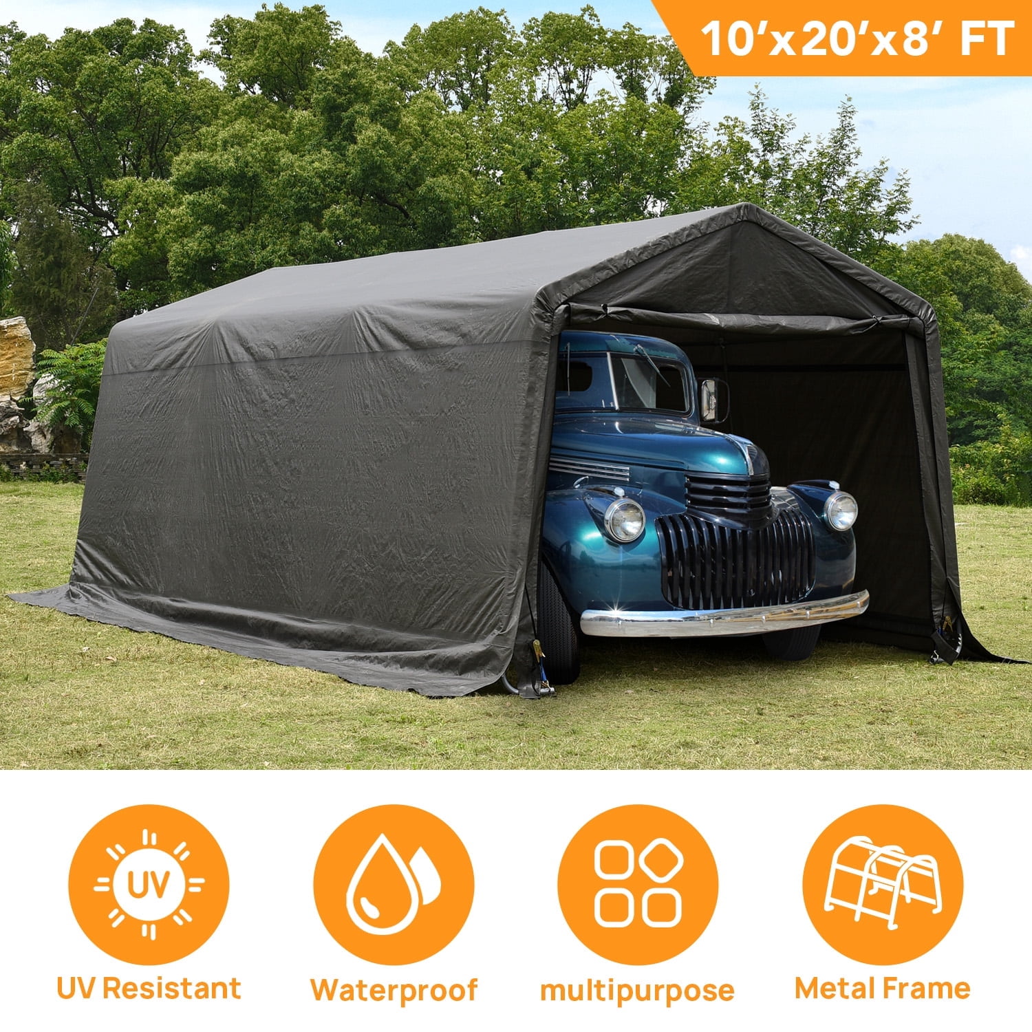 Walsport 10x20x8 ft Heavy Duty Steel Metal Carport Outdoor shelter Garage Waterproof Car Canopy for Motorcycle, Bike or Garden Tools Grey