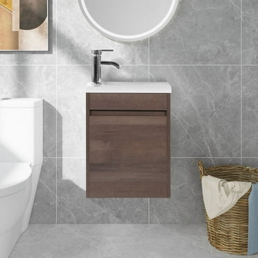 Walsport 16" Wall-Mount Bathroom Vanity Cabinet with Sink,Basin,Faucet,Wall Mounted Cabinet Set Design Bathroom Vanity for Small Space,Brown