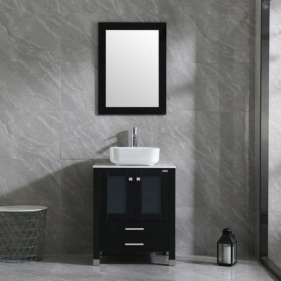 Walsport 24” Black Bathroom Vanity and Sink Combo Wood Cabinet Top Square Ceramic Vessel Sink Faucet Drain Combo with Mirror Vanities Set,Black