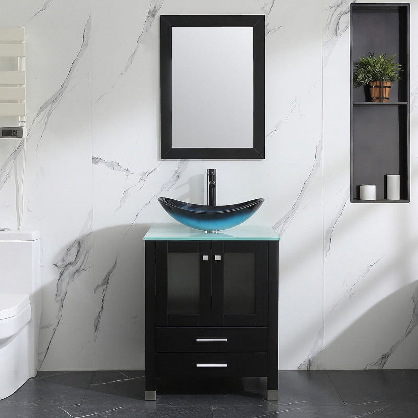 Walsport 24" Luxurious Bathroom Vanity with Blue Tempered Glass Vessel Sink Bowl and Countertop and Mirror and Faucet,Stand Floor Cabinet Bathroom Storage Vanity with Pop Up Drain,Black