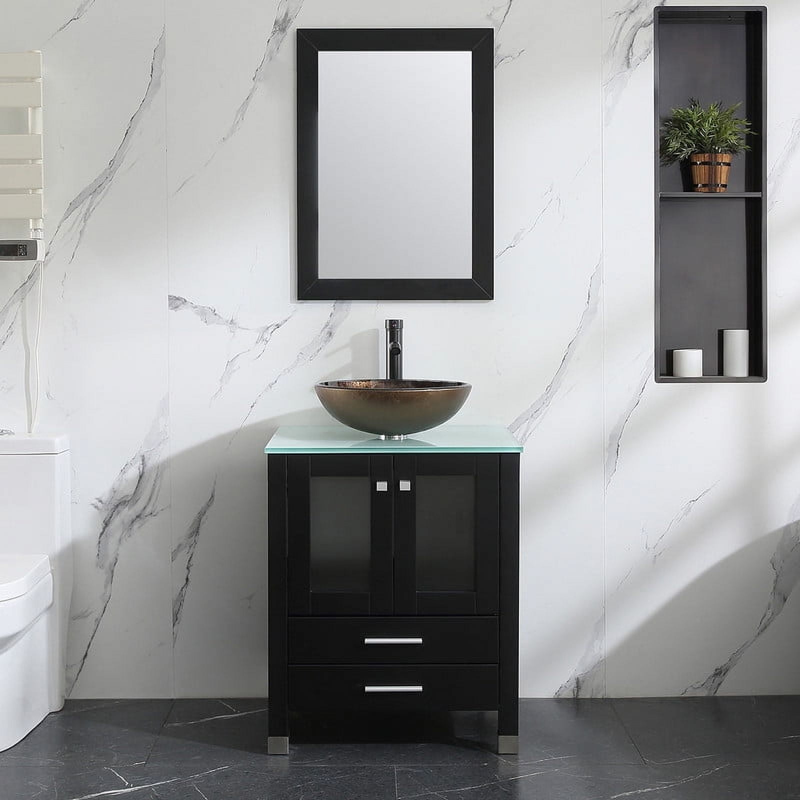 Walsport 24" Luxurious Bathroom Vanity with Brown Tempered Glass Vessel Sink Bowl and Countertop and Mirror and Faucet,Stand Floor Cabinet Bathroom Storage Vanity with Pop Up Drain,Black