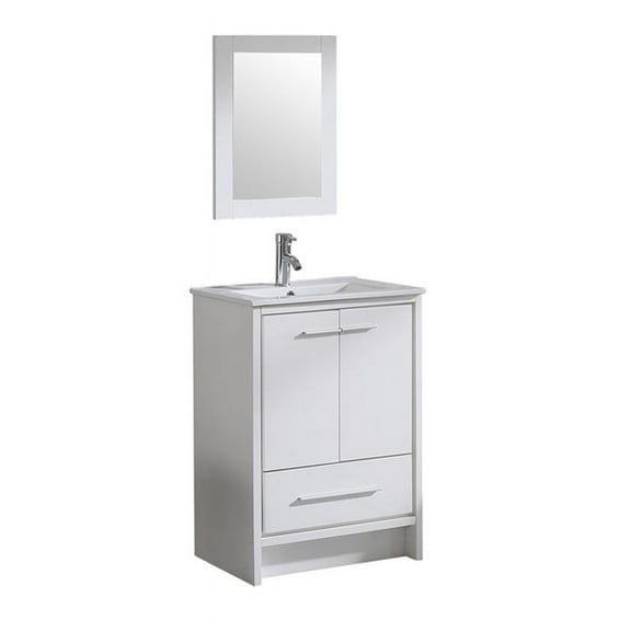 Walsport 24" Luxurious Bathroom Vanity with Ceramic Sink and Countertop and Mirror and Faucet,Double Door Stand Floor Cabinet Bathroom Storage Vanity with Pop Up Drain,White