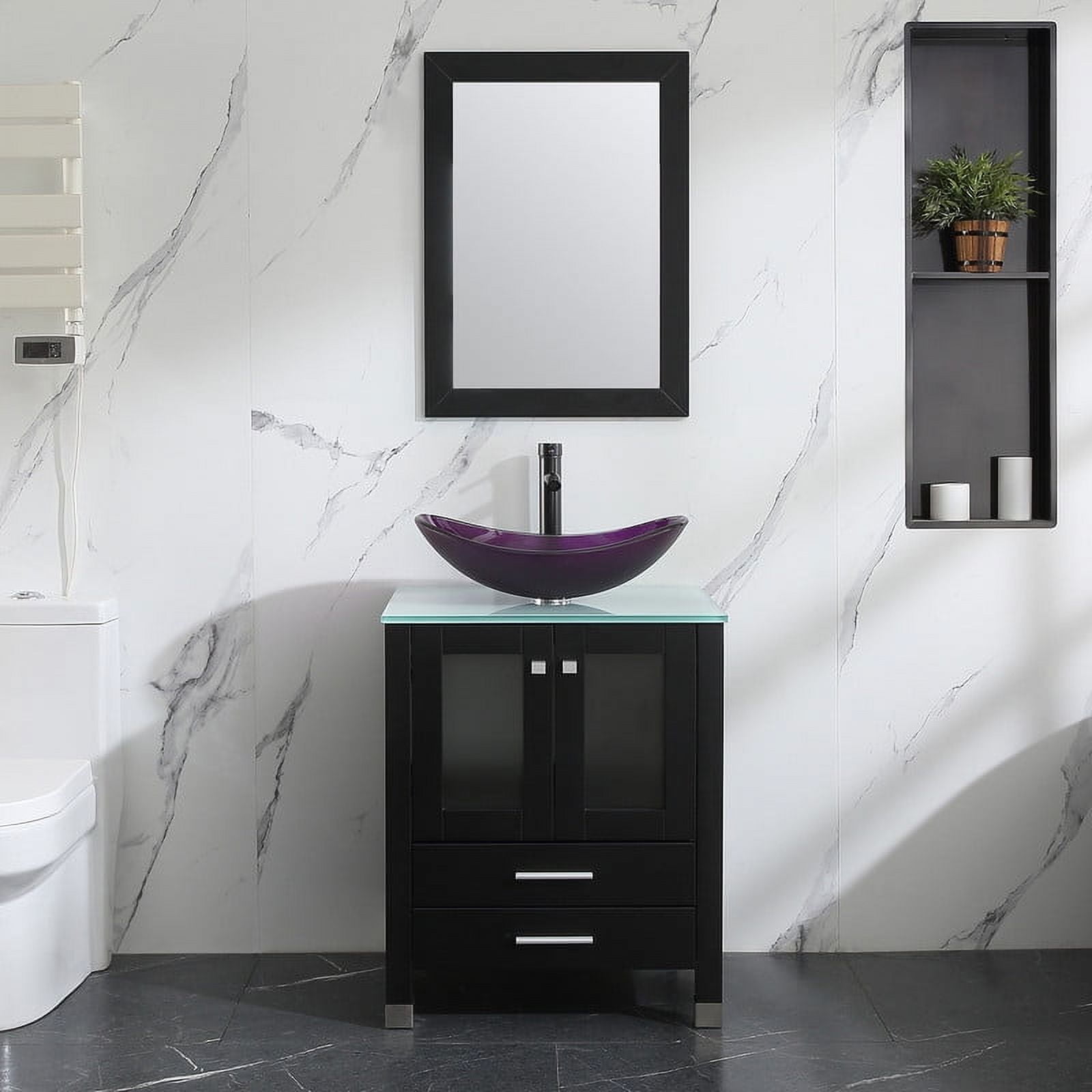Walsport 24" Luxurious Bathroom Vanity with Purple Tempered Glass Vessel Sink Bowl and Countertop and Mirror and Faucet,Stand Floor Cabinet Bathroom Storage Vanity with Pop Up Drain,Black