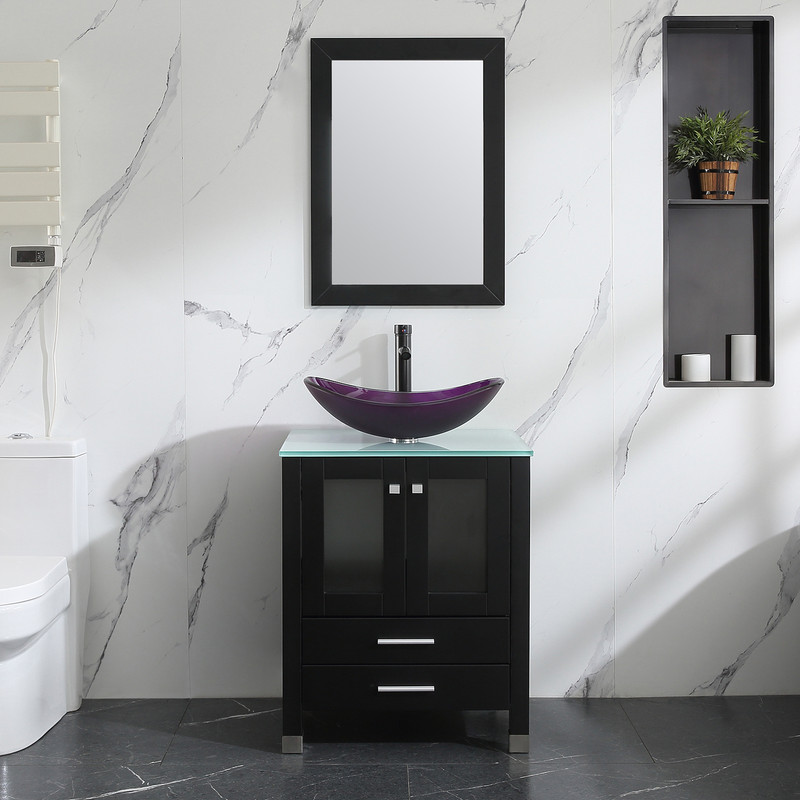 Walsport 24" Luxurious Bathroom Vanity with Purple Tempered Glass Vessel Sink Bowl and Countertop and Mirror and Faucet,Stand Floor Cabinet Bathroom Storage Vanity with Pop Up Drain,Black