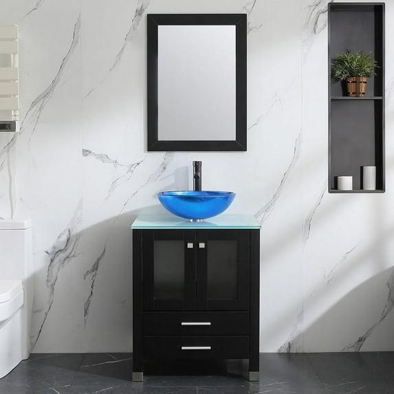 Walsport 24" Luxurious Wood Bathroom Vanity Cabinet Blue Round Vessel Sink Vanity Cabinet Tempered Glass Top w/ Mirror,Black