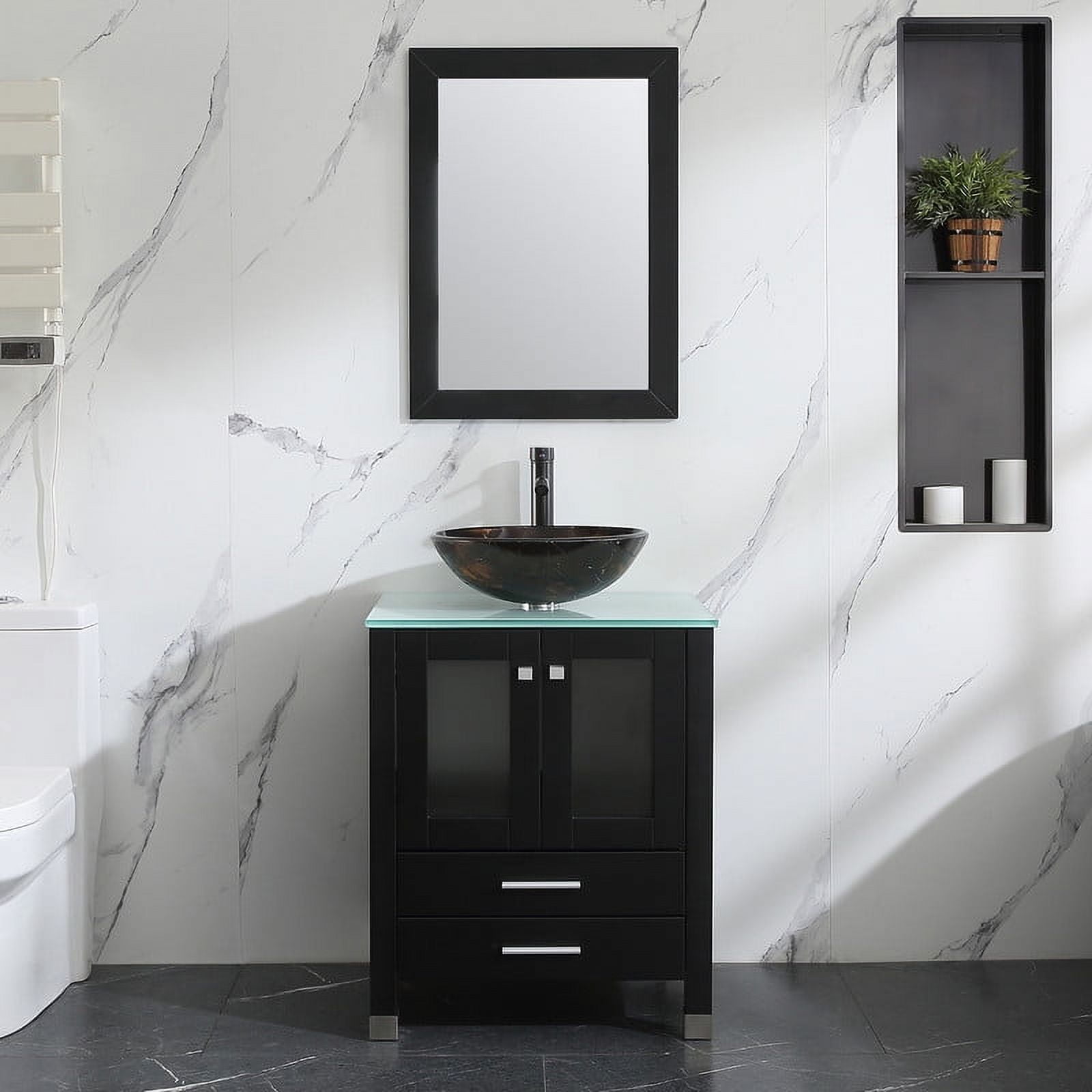 Walsport 24" Luxurious Wood Bathroom Vanity Cabinet Golden Brown Round Vessel Sink Vanity Cabinet Tempered Glass Top w/ Mirror,Black