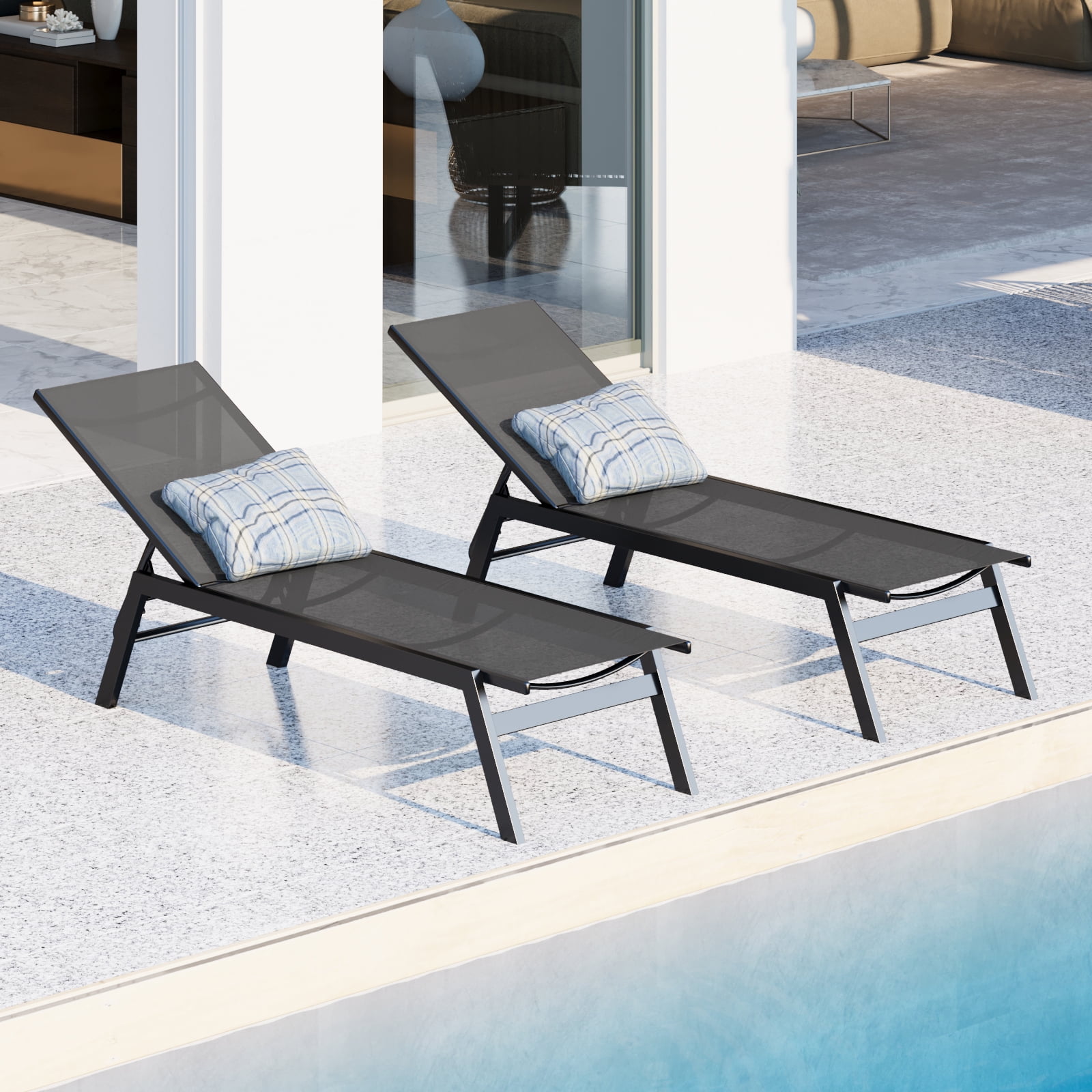 Walsport 2Pcs Outdoor Lounge Chair,Freely Adjustable Aluminum Patio Chair for Pool,Beach(Gray)