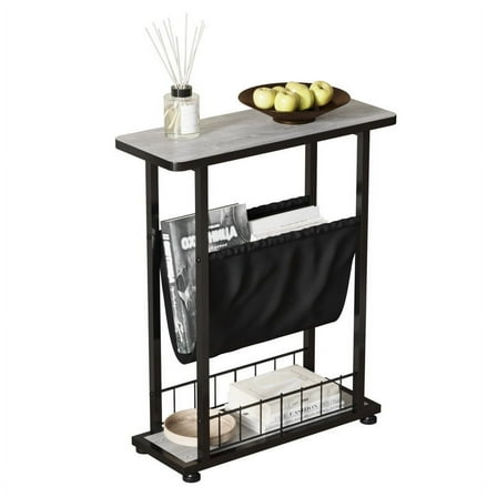 Walsport 3 Tier Side Table with Magazine Holder, Industrial End Table with Open Storage, Wooden Bedside Table, Nightstand for Living Room, Bedroom, Small Spaces, Easy Assembly, Grey