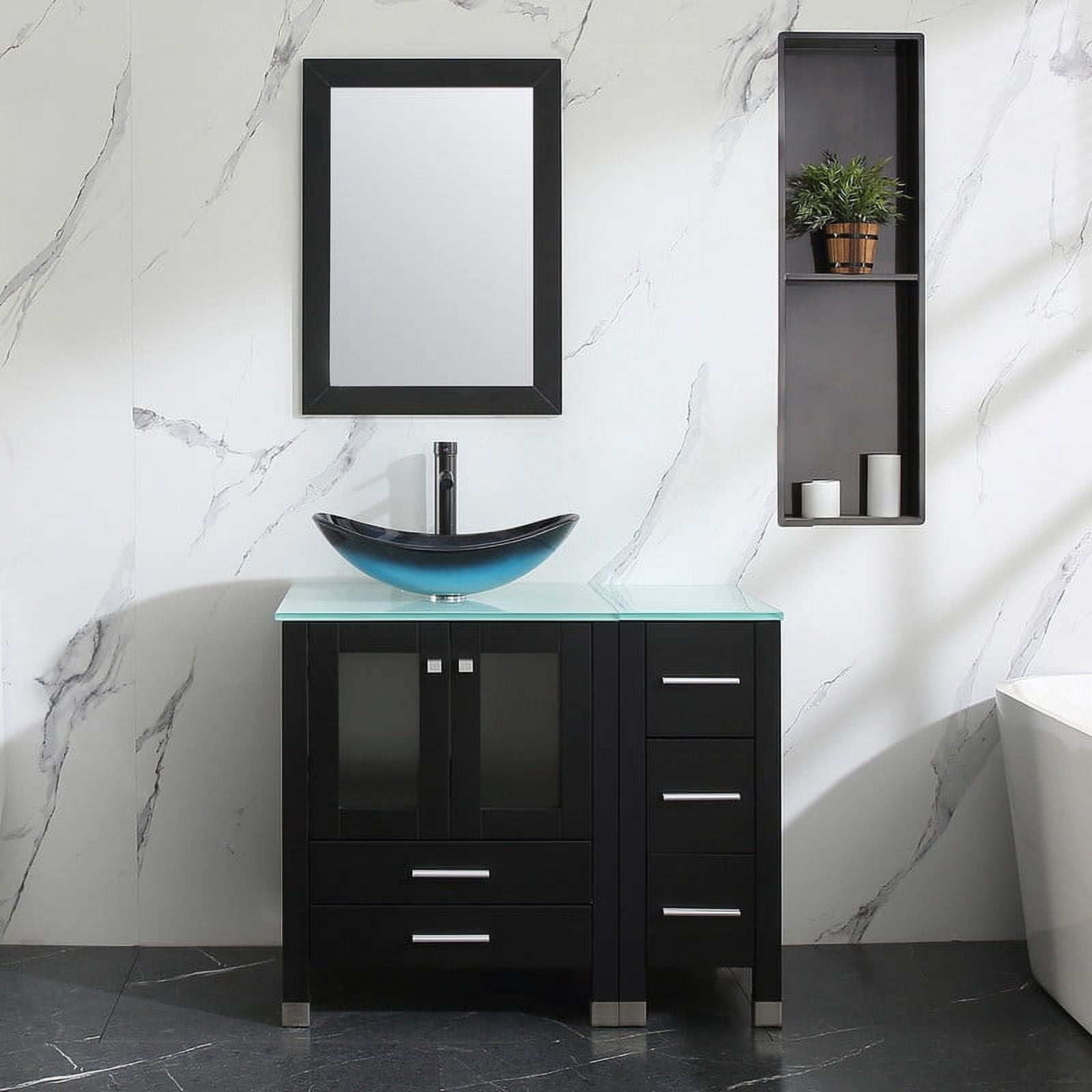Walsport 36" Luxurious Bathroom Vanity with Blue Tempered Glass Vessel Sink Bowl and Countertop and Mirror and Faucet,Stand Floor Cabinet Bathroom Storage Vanity with Pop Up Drain,Black