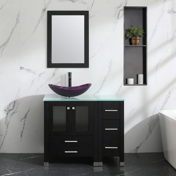 Walsport 36" Luxurious Bathroom Vanity with Purple Tempered Glass Vessel Sink Bowl and Countertop and Mirror and Faucet,Stand Floor Cabinet Bathroom Storage Vanity with Pop Up Drain,Black