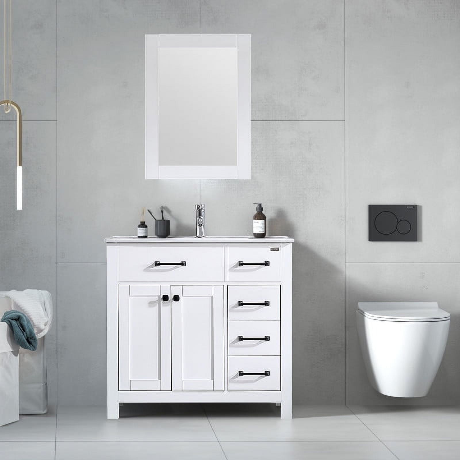 Walsport 36" Luxurious Bathroom Vanity with Sink Top, Modern Bathroom Vanities with 2-Door and 5 Drawers Cabinet , Solid Wood Bathroom Cabinet with Undermount Ceramic Sink, White