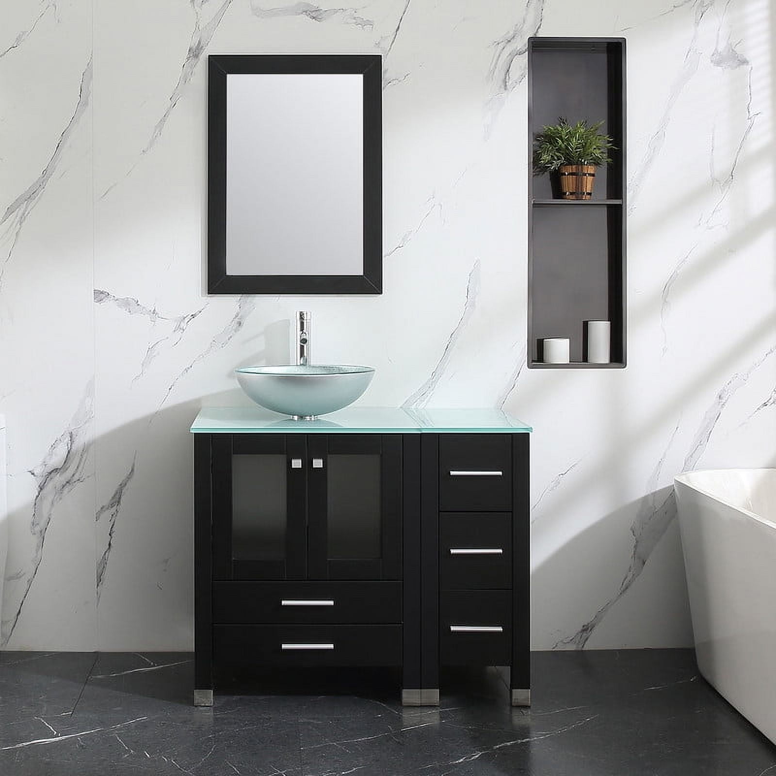 Walsport 36" Luxurious Bathroom Vanity and Sink Combo Cabinet with Silver Glass Vessel Sink and Faucet Pop Up Drain,Black