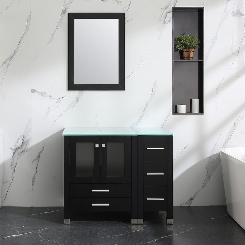 Walsport 36" Luxurious Bathroom Vanity with Sink Combo Cabinet Blue Tempered Glass Vessel Sink Bowl Faucet Drain Combo,Black