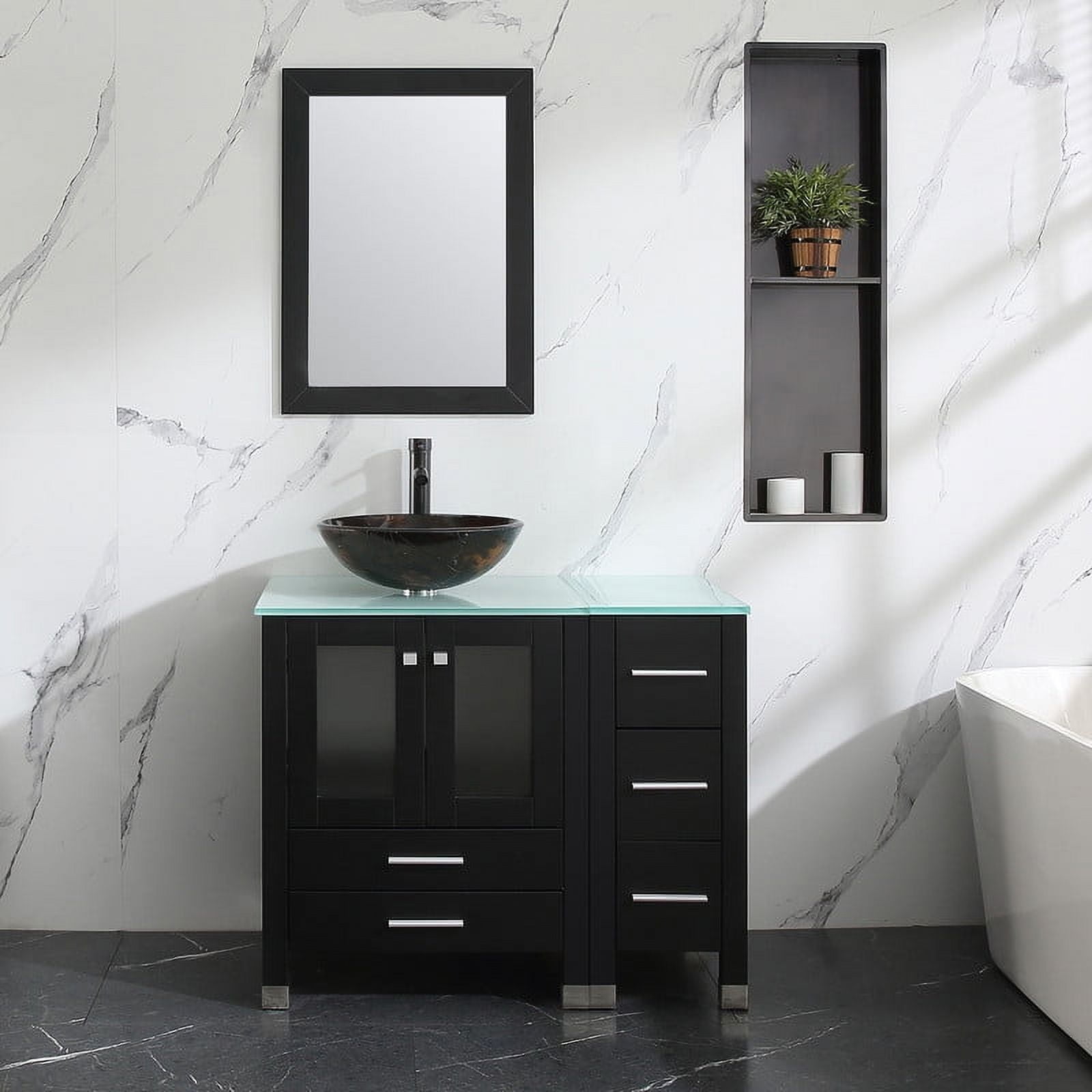 Walsport 36" Luxurious Wood Bathroom Vanity Cabinet Golden Brown Round Vessel Sink Vanity Cabinet Tempered Glass Top w/ Mirror,Black