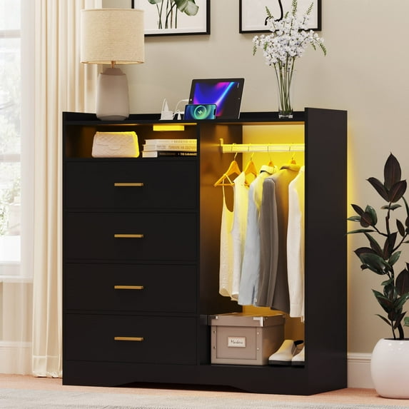 Walsport 44” Wooden Closet of 4 Drawers Hanging Portable wardrobe Storage Cabinet Clothes Organizer for Bedroom Living Room(Black)