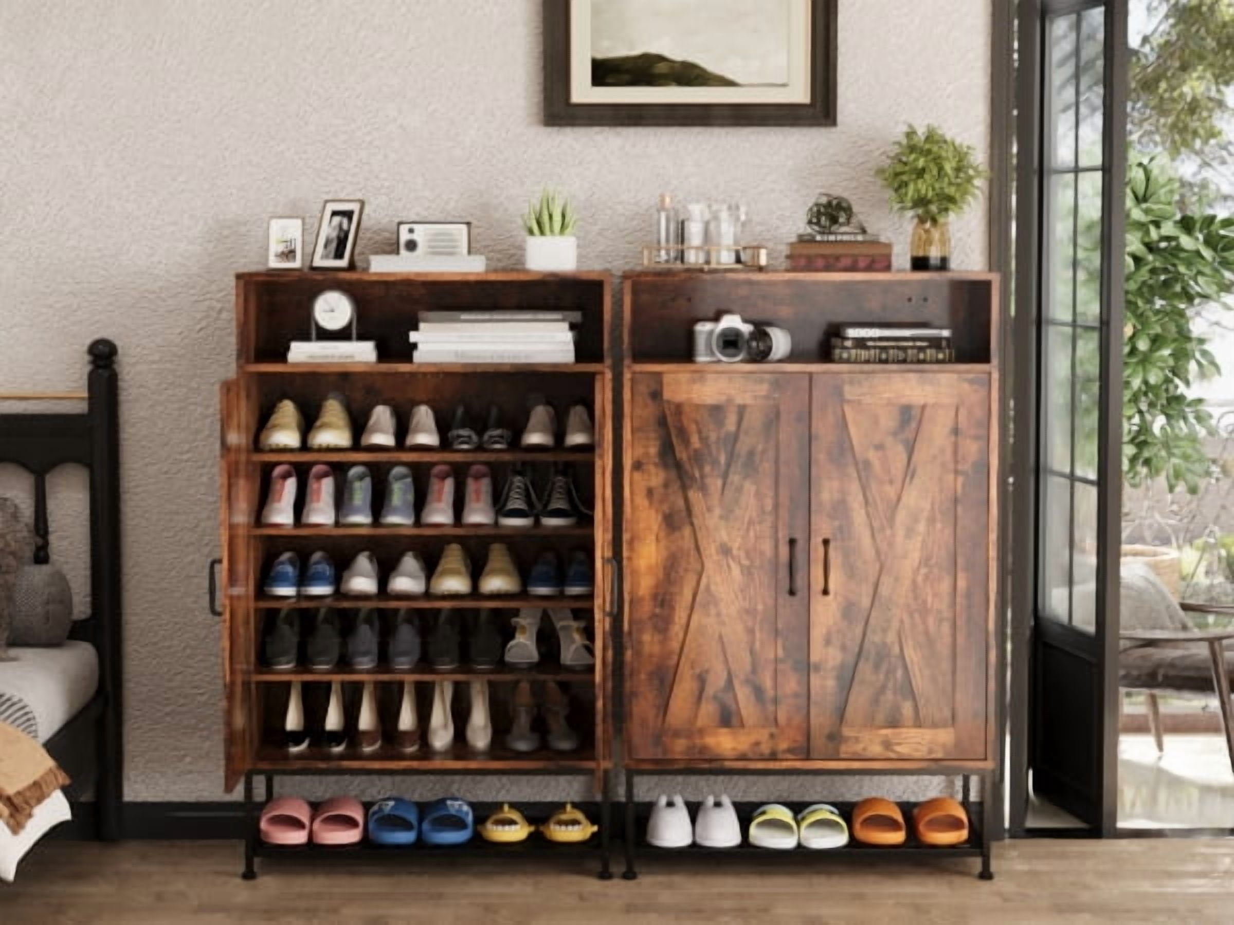 Walsport(47”)Large Shoe Cabinet entryway with 6 Tiers Wooden Storage Rack Organizer with 2 Doors for Small&Simple Household