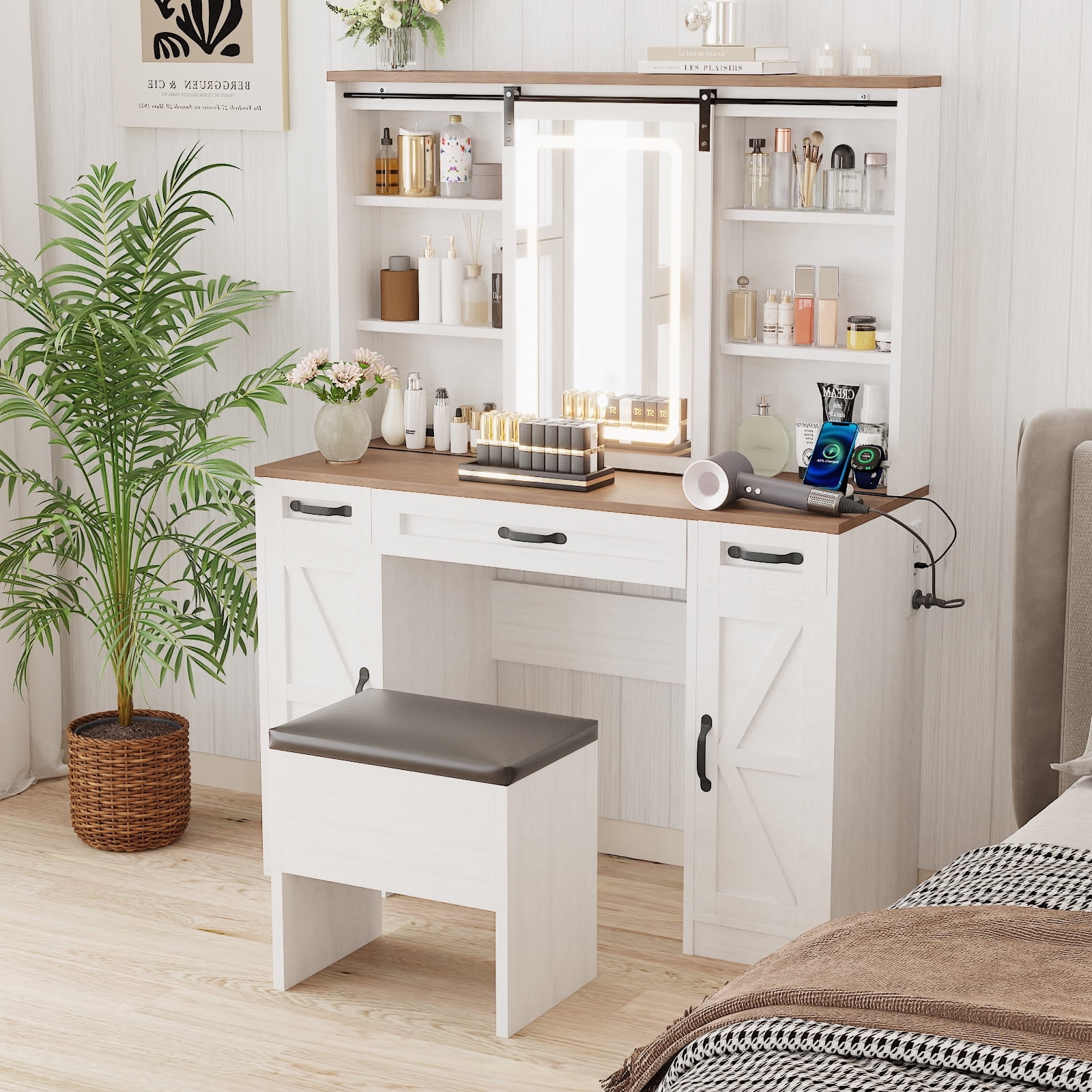 Walsport(56)Large Vintage Dressing Table with Mirror&Storage Chair for Girl White Makeup Table with LED Light&Power Outlets Vanities for Bedroom,Checkroom
