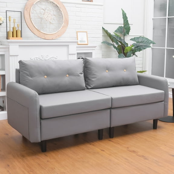 Walsport 70.86"Faux Leather Sectional Sofa,Upholstered Arm Loveseat Living Room Sofa with Storage Pockets(Gray)
