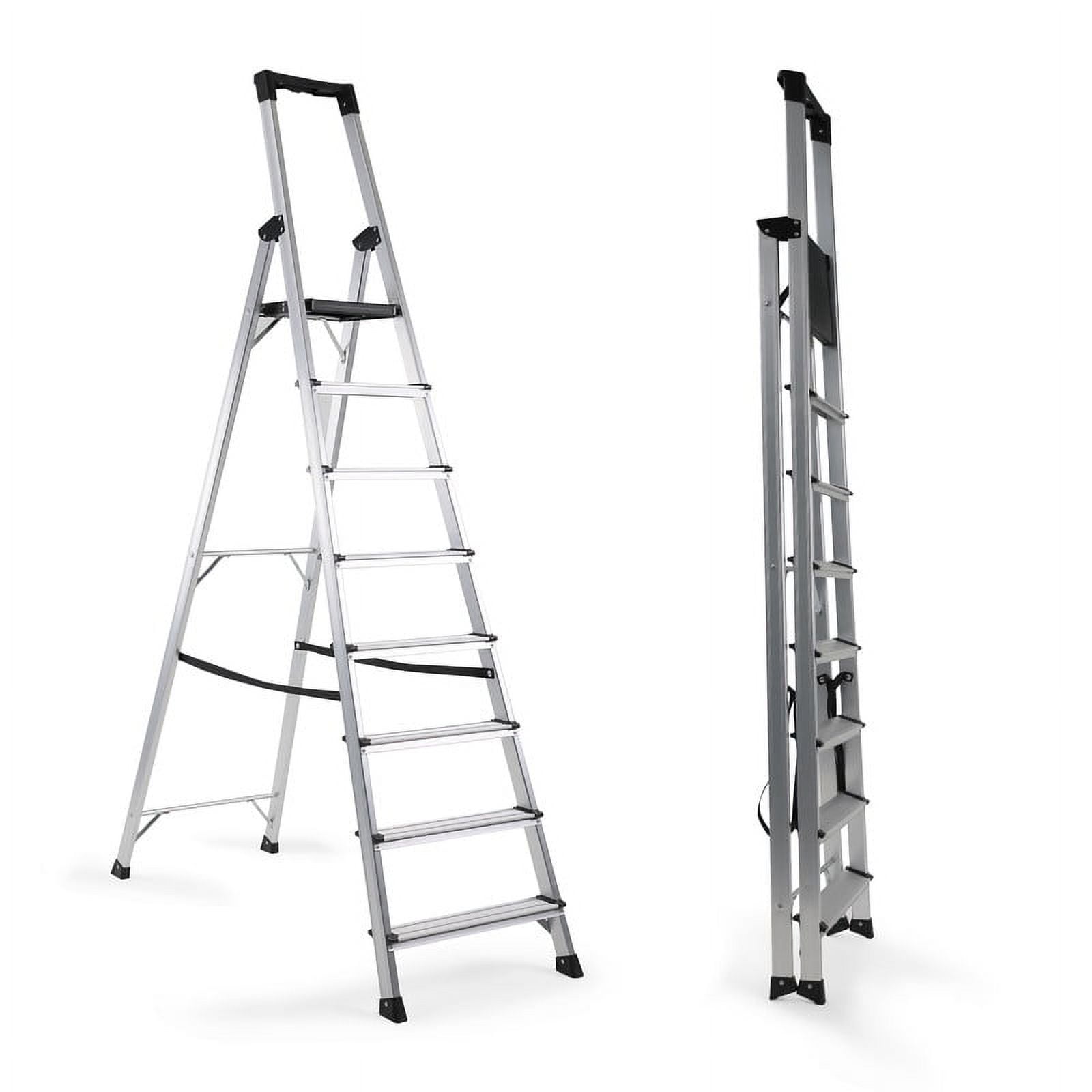 Walsport Aluminum 8 Step Ladder,Folding Step Stool, Lightweight Aluminum Foldable Ladder with Convenient Handgrip, Stepladders with Anti-Slip and Wide Pedal,330 lbs Capacity, Silver