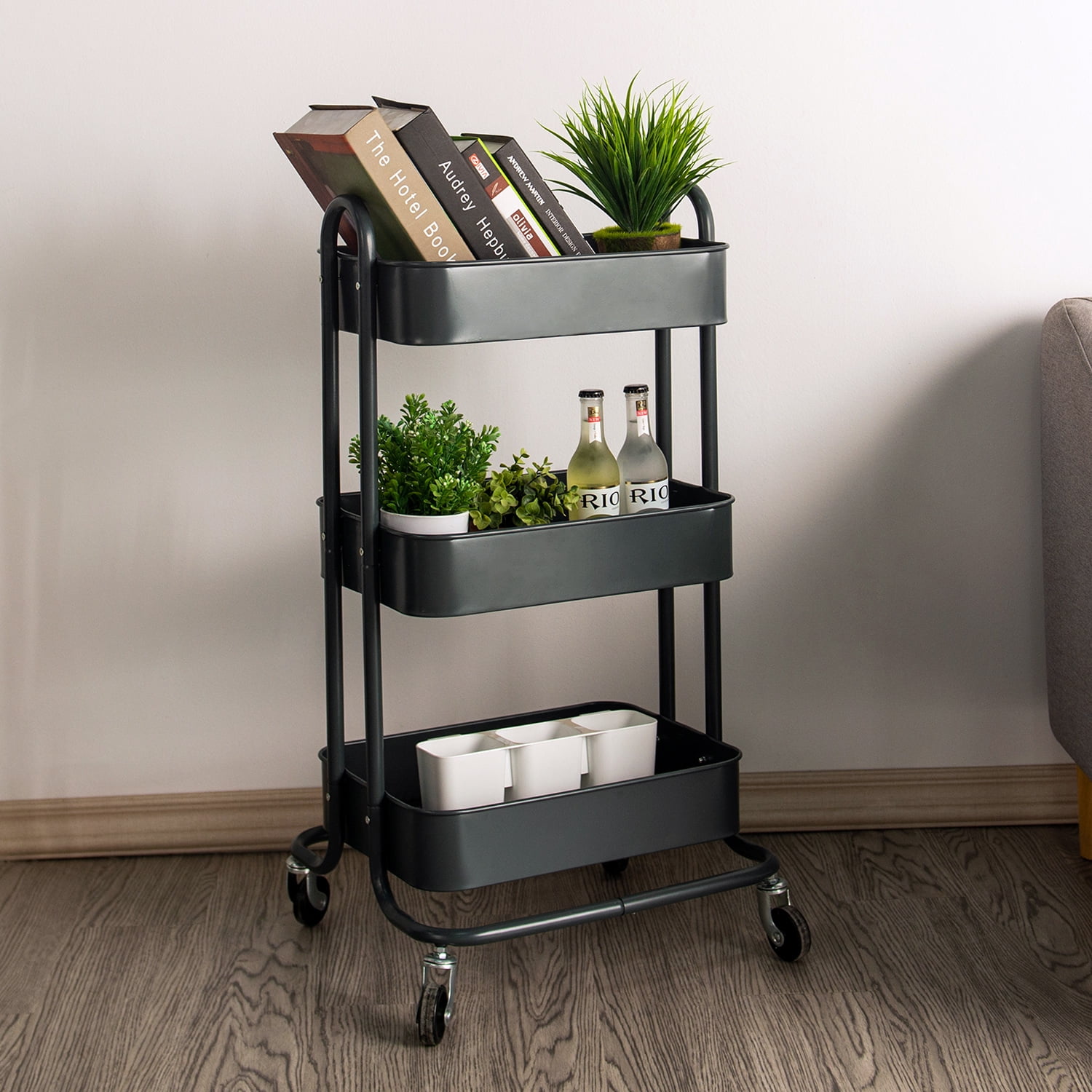 Gray 3-Tier Metal Rolling Utility Cart with Handle