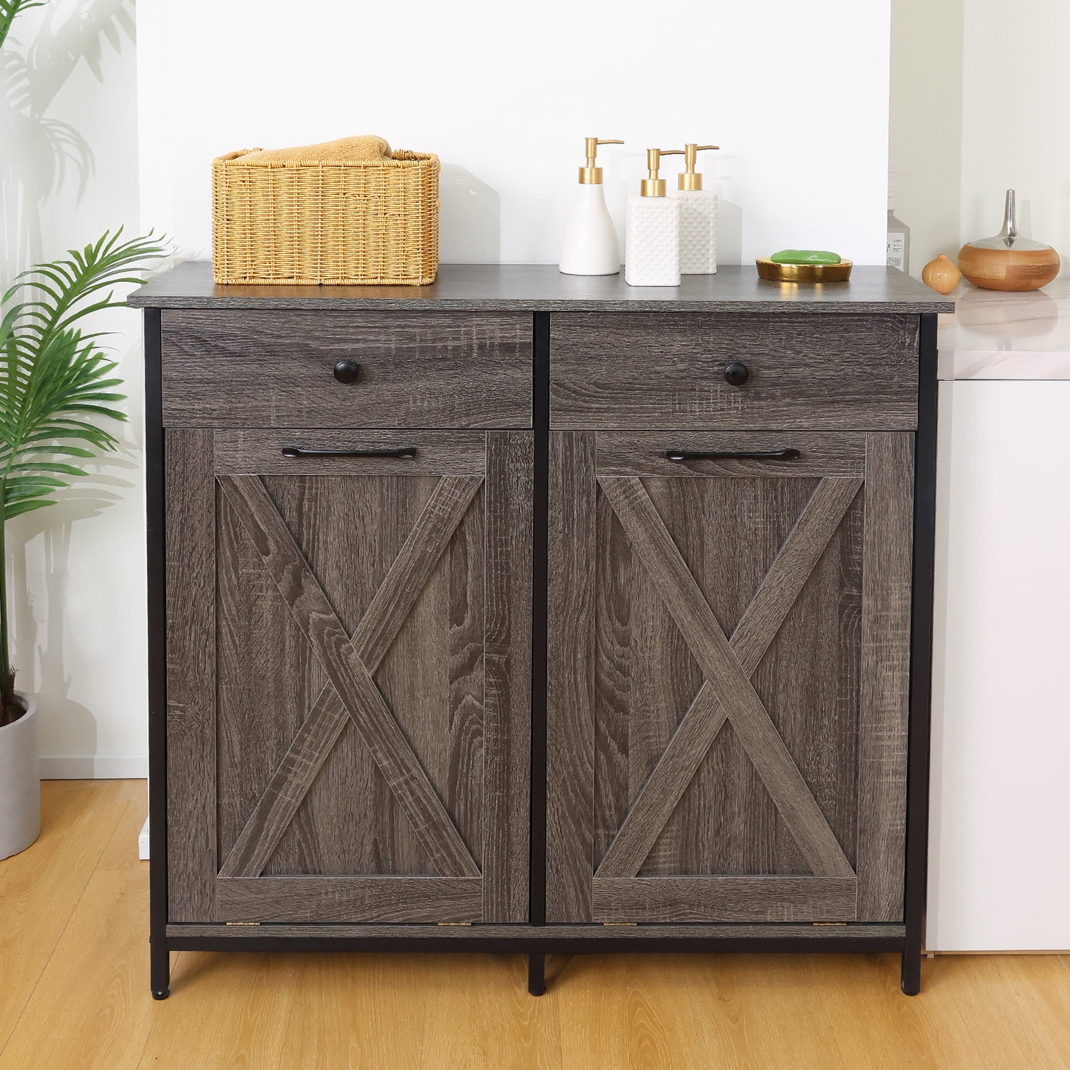 Walsport Double Tilt Out Trash with Drawers & Barn Door