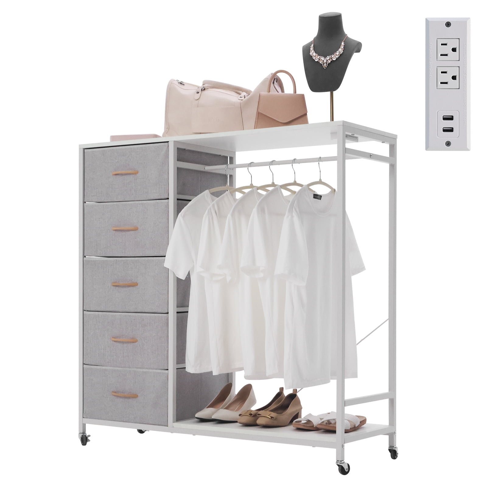 Walsport Dresser for Bedroom with Clothes Rack, 5 Drawers Dresser with Charging Station & LED Lights,Storage Chest of Drawers with Wheels, Wooden Top, Lockable Wheels, Bedroom, Closet(White)