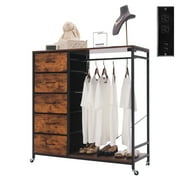 Walsport Dresser for Bedroom with Clothes Rack, 5 Drawers Dresser with Charging Station & LED Lights,Storage Chest of Drawers with Wheels, Wooden Top, Lockable Wheels, Bedroom, ClosetBrown