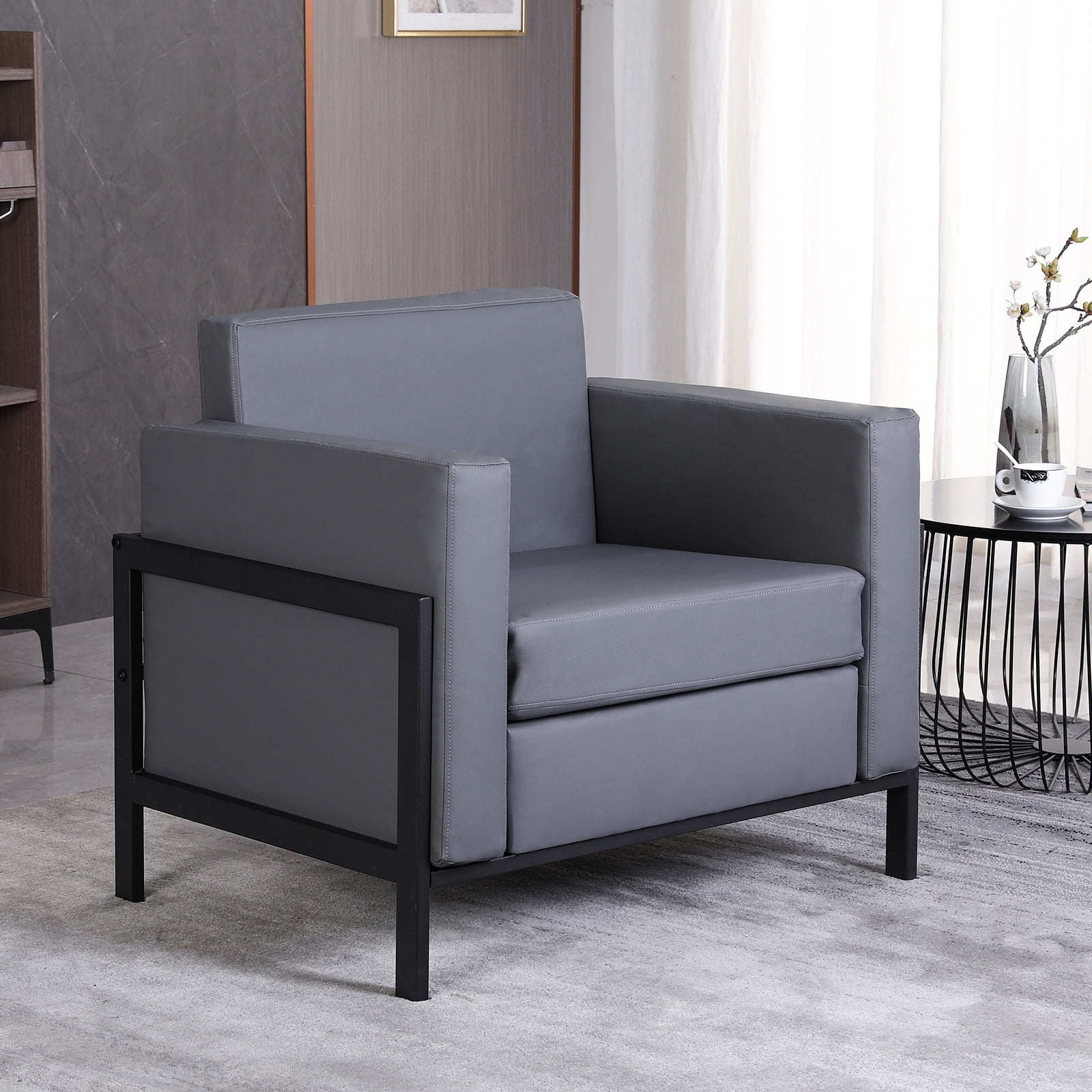 Walsport Faux Leather Reading Accent Chair with Metal Frame,Upholstered Wide Armchair, Single Sofa Chair for Living Room,Bedroom(Gray)