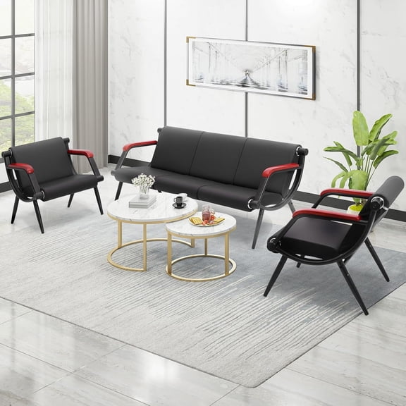 Walsport Home Office Reception Sofa Set PU Leather 2+3 Seats Waiting Room Chairs Steel Solon Guest Bench