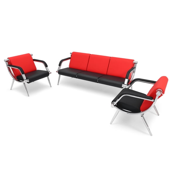 Walsport Home Office Reception Sofa Set PU Leather 3 Seats Waiting Room Chairs Steel Solon Guest Bench Red
