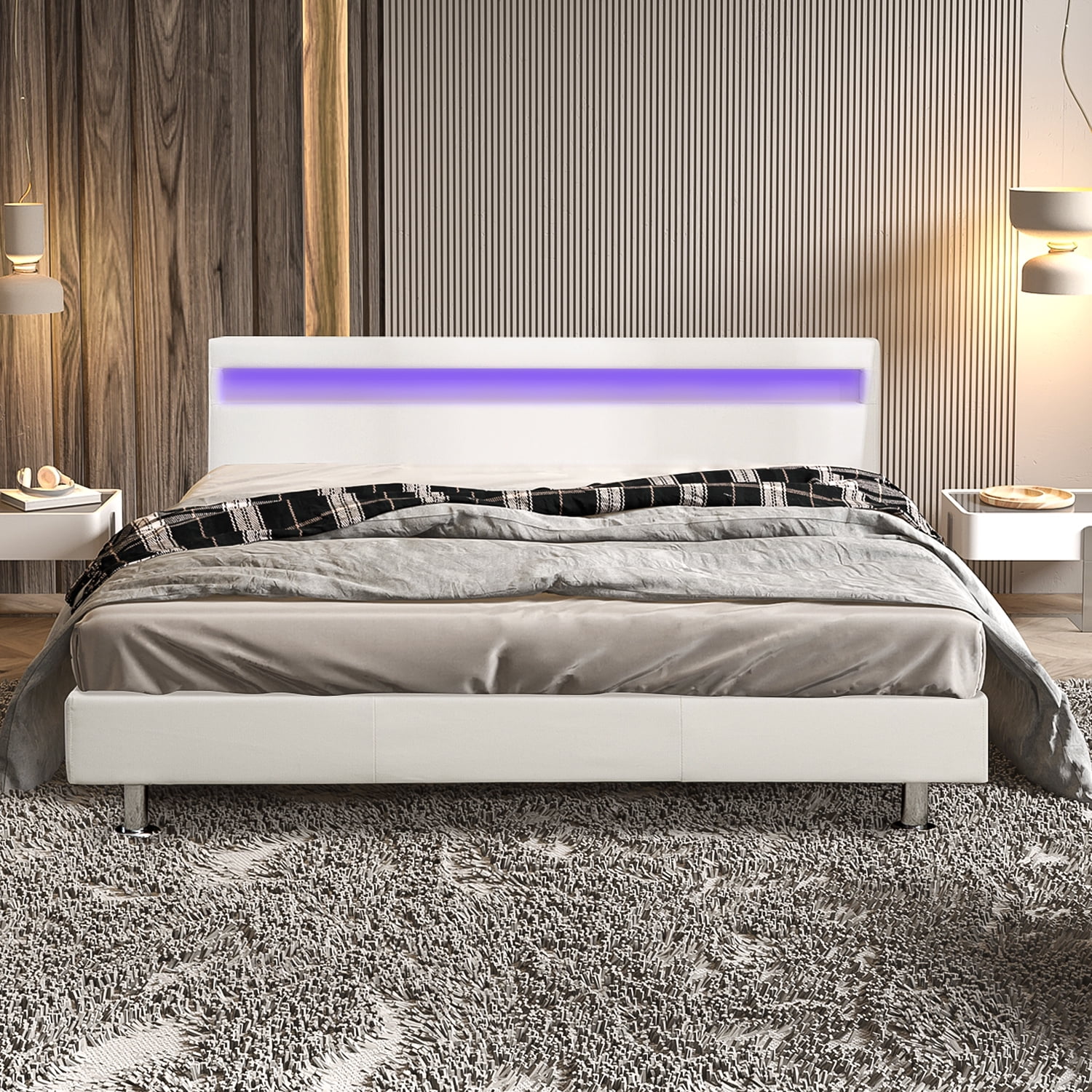 Walsport Queen Size Platform Bed Upholstered Bed Frame Bedroom LED Light Headboard with Color Changing LED Light Slats Bed(White)