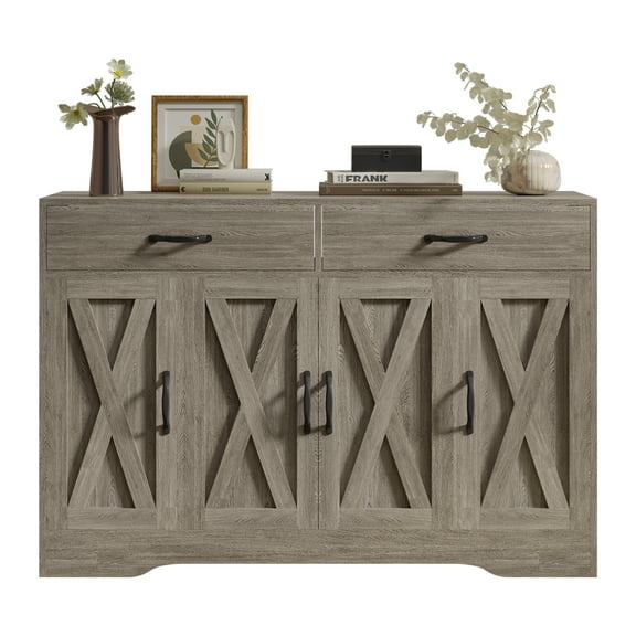 Walsport Sideboard Cabinet with Drawers, 47" W Sideboard Buffet Storage Cabinet with Storage for Kitchen, Farmhouse Coffee Bar Cabinets with Shlves and Doors for Dining Room, Hallway (Grey)