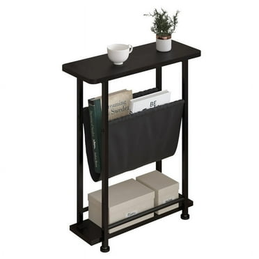 Walsport Small Side Table for Small Spaces, Narrow End Table w/Magazine Holder, Skinny Bedside Table w/Metal Frame, Slim Nightstand for Bedroom, Easy Assembly, Black