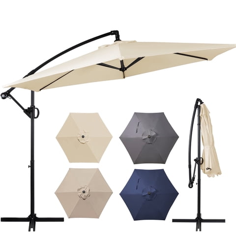 Walsunny 9FT Outdoor Hanging Offset Cantilever Umbrella with Cross Base, Patio Market Umbrella with Crank Sun Shade Canopy, White