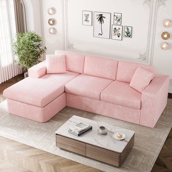 Walsunny Modular Sectional Sofa Couch with Chaise, No Assembly Foam Couch, Deep Seat Corduroy Sofa, Convertible L Shaped Cloud Couch for Living Room Apartment, Pink
