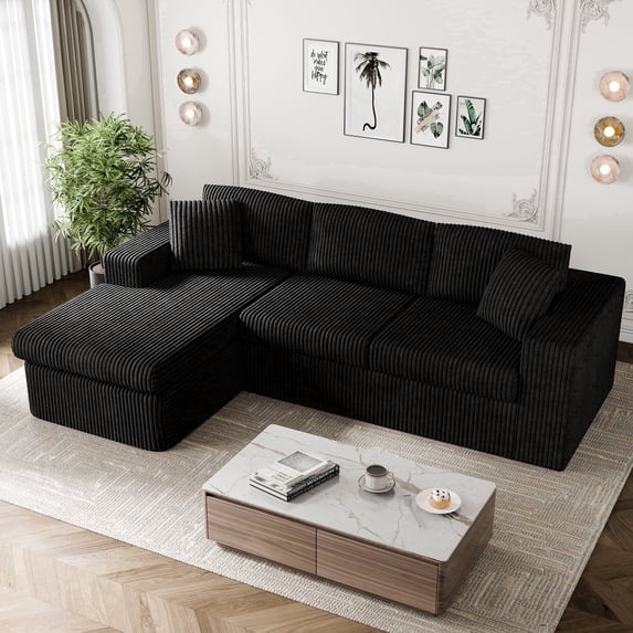 Walsunny Modular Sectional Sofa Couch with Chaise, No Assembly Foam Couch, Deep Seat Corduroy Sofa, Convertible L Shaped Cloud Couch for Living Room Apartment, Black