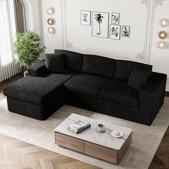 Walsunny Modular Sectional Sofa Couch with Chaise, No Assembly Foam Couch, Deep Seat Corduroy Sofa, Convertible L Shaped Cloud Couch for Living Room Apartment, Black