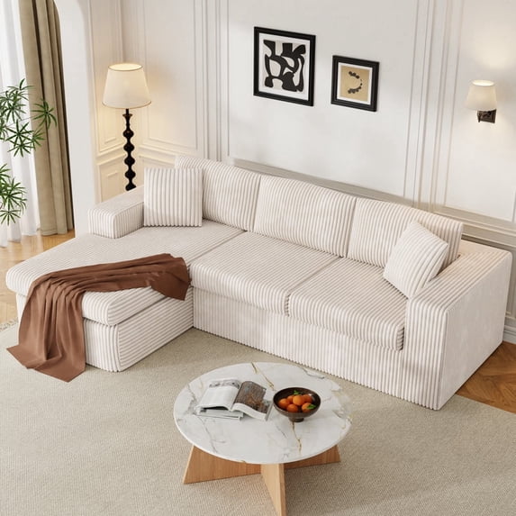 Walsunny Modular Sectional Sofa Couch with Chaise, No Assembly Foam Couch, Deep Seat Corduroy Sofa, Convertible L Shaped Cloud Couch for Living Room Apartment, Beige