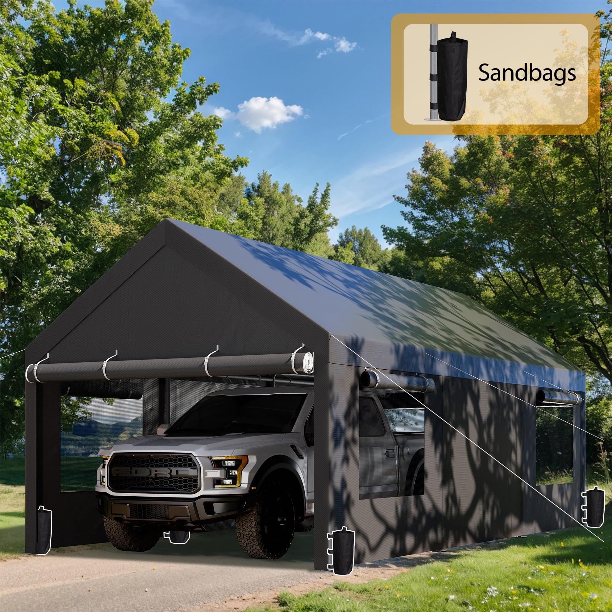 Walsunny 10x20 ft Carport with 4 Sandbags Heavy Duty Car Canopy with Roll-up Windows Portable Garage with Removable Sidewalls & Doors Black