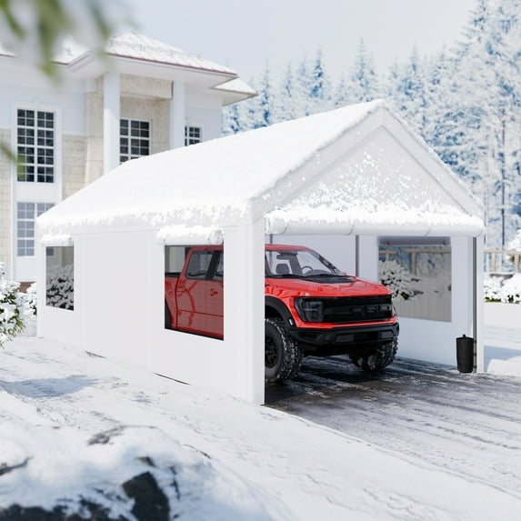 Walsunny 10x20 ft Carport with 4 Sandbags Heavy Duty Car Canopy with Roll-up Windows Portable Garage with Removable Sidewalls & Doors White