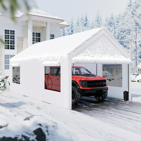 Walsunny 10x20 ft Carport with 4 Sandbags Heavy Duty Car Canopy with Roll-up Windows Portable Garage with Removable Sidewalls & Doors White