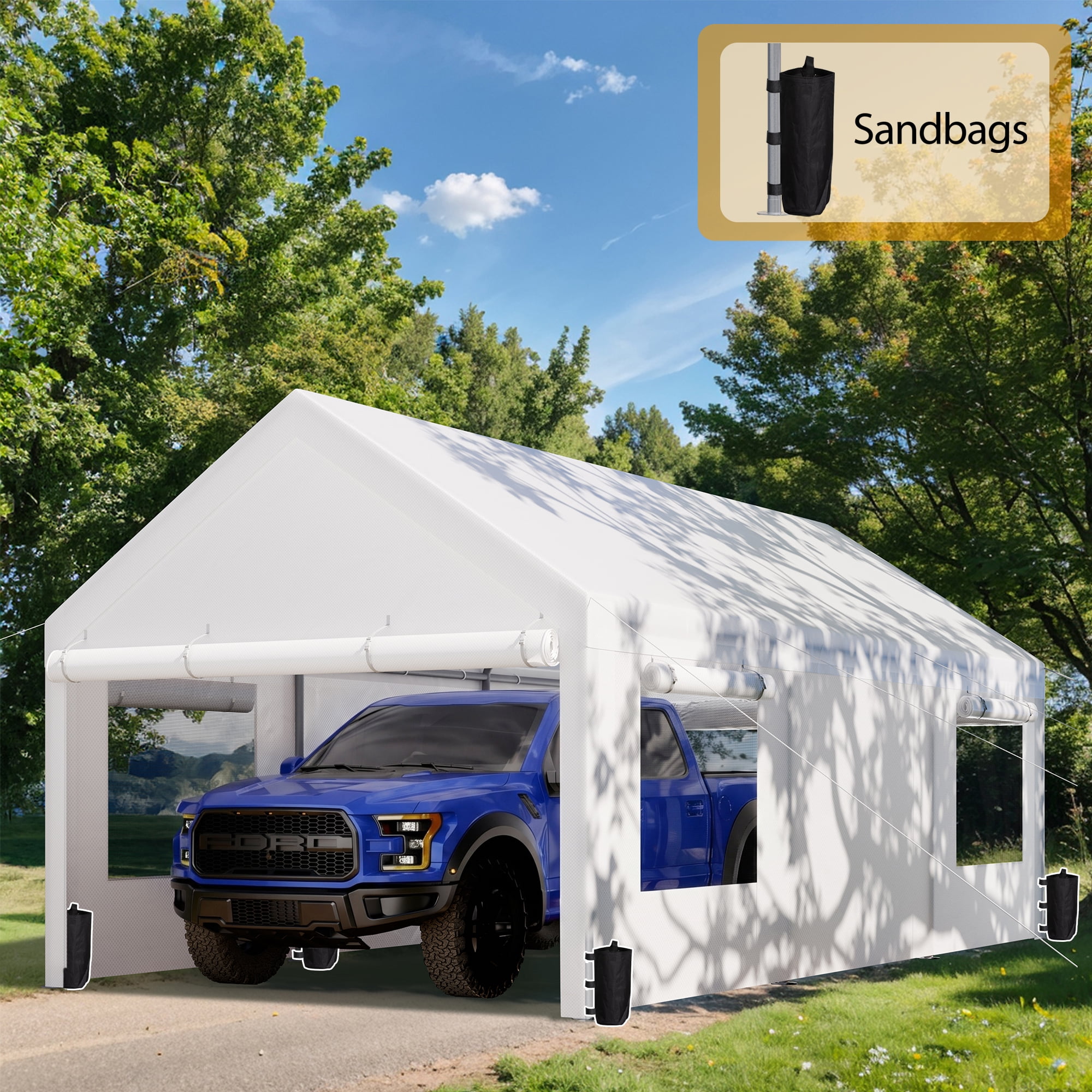 Walsunny Heavy Duty 10x20 ft Carport with Roll-up Windows Portable