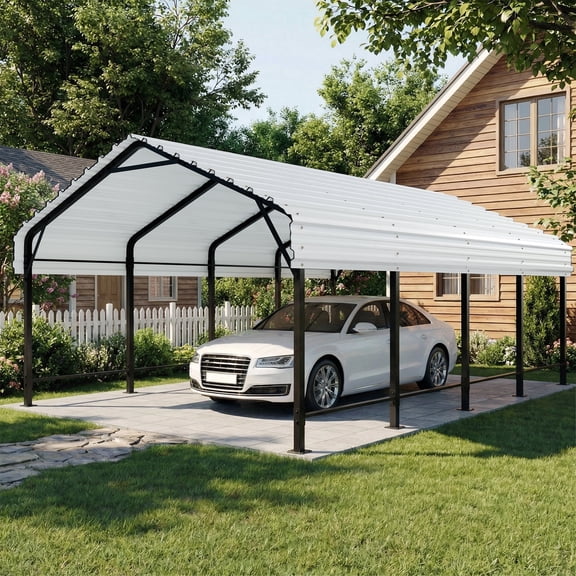 Walsunny 12X20ft Steel Carport, Outdoor Heavy Duty Carport Canopy with Galvanized Steel Roof, Metal Carport Extra Large Garage Car Storage Shelter, White